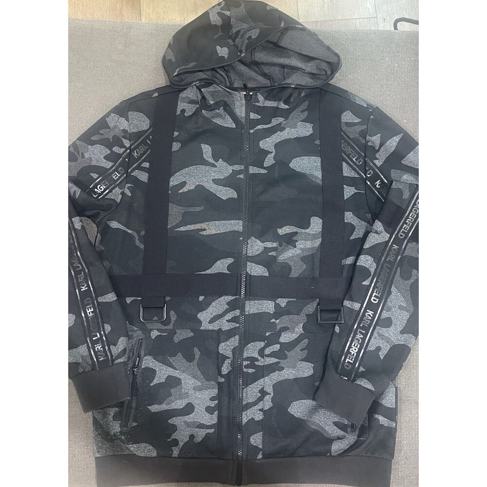Karl Lagerfeld Paris Men’s Hoodie – Camo Print Pullover Sweatshirt Size L